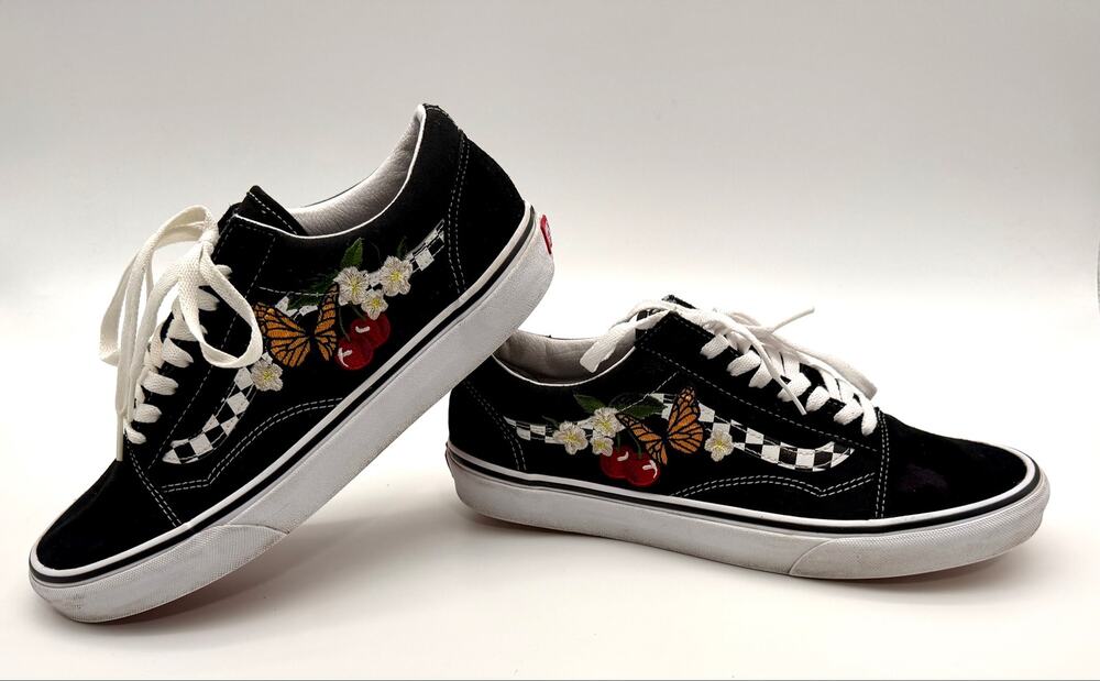 Vans Old Skool Black Floral Butterfly Cherry Checkerboard Sneakers Men’s 10